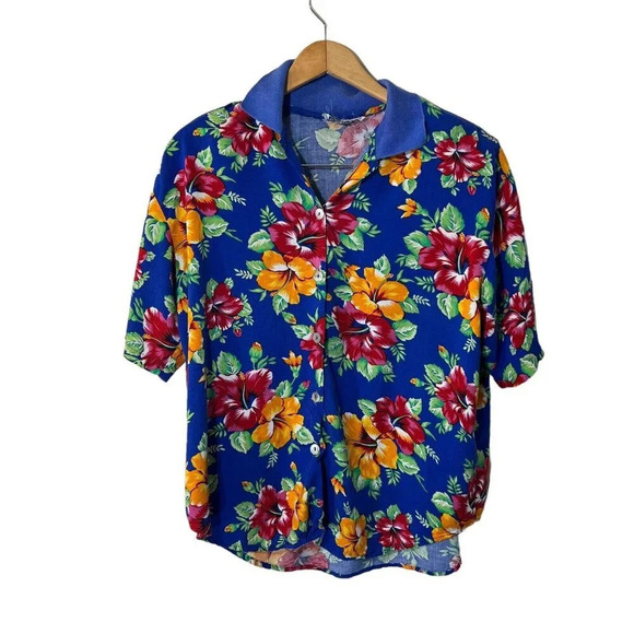 Impressions Tropical Button Up Shirt Short Sleeve Bright Floral Pattern Collared - Picture 1 of 7